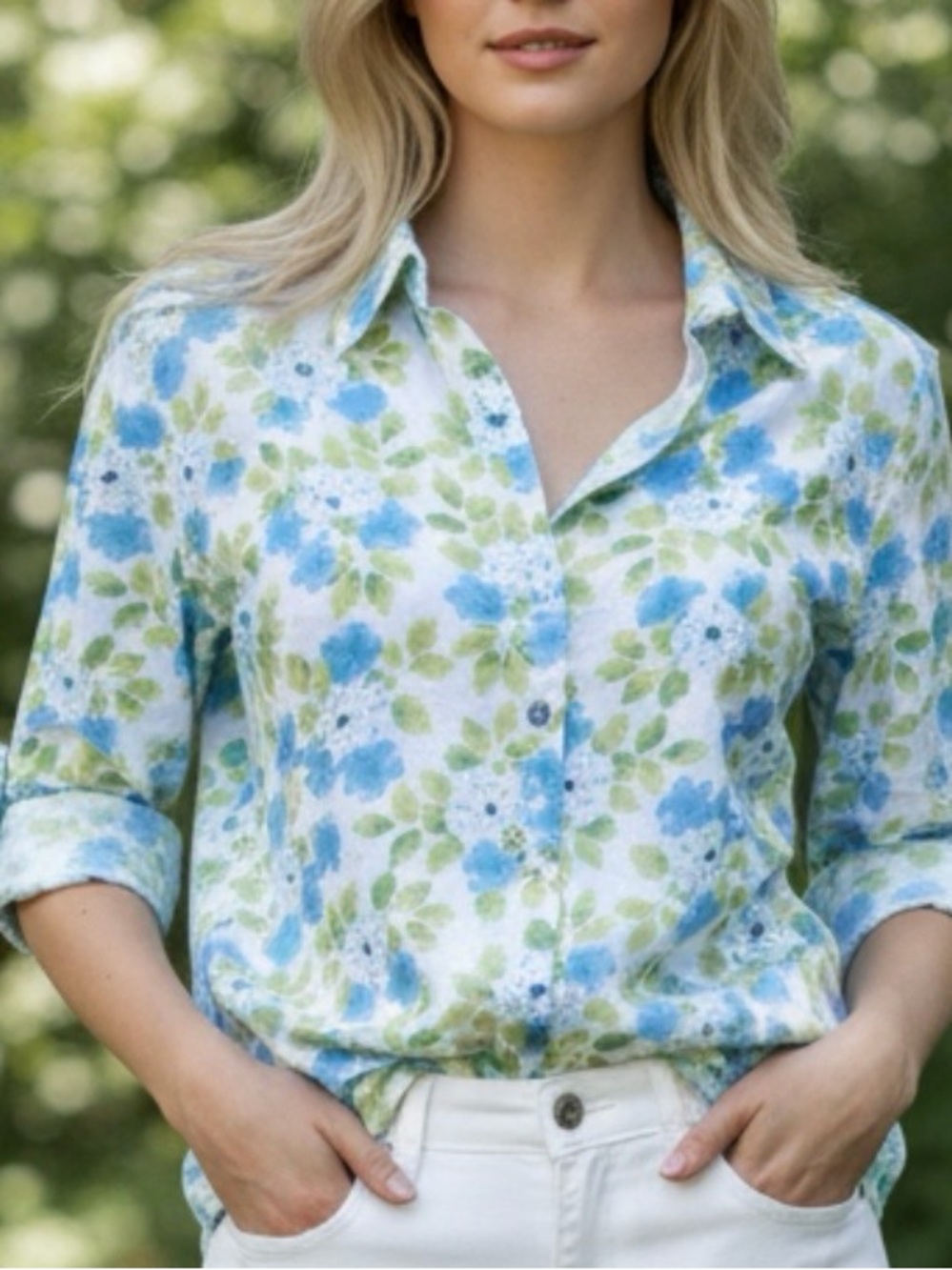 CLASSIC ELEMENTS- XL PETITE  Blue and Green Floral 🌷Women's Button Down Shirt